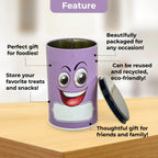 Emoji Printed Tin Container Purple, Airtight Snack Storage Jar, 490 ml