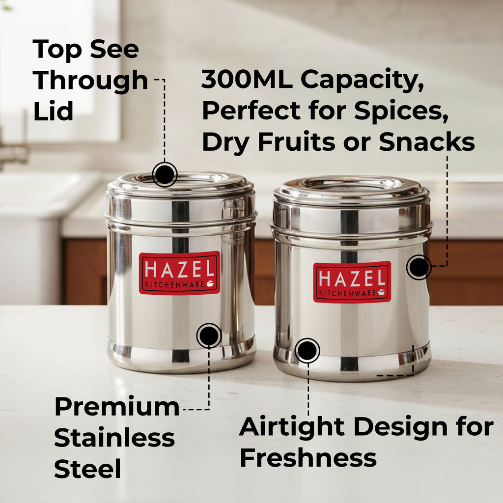 Stainless Steel Airtight Containers Set of 2, 300ml, See-Through Lid