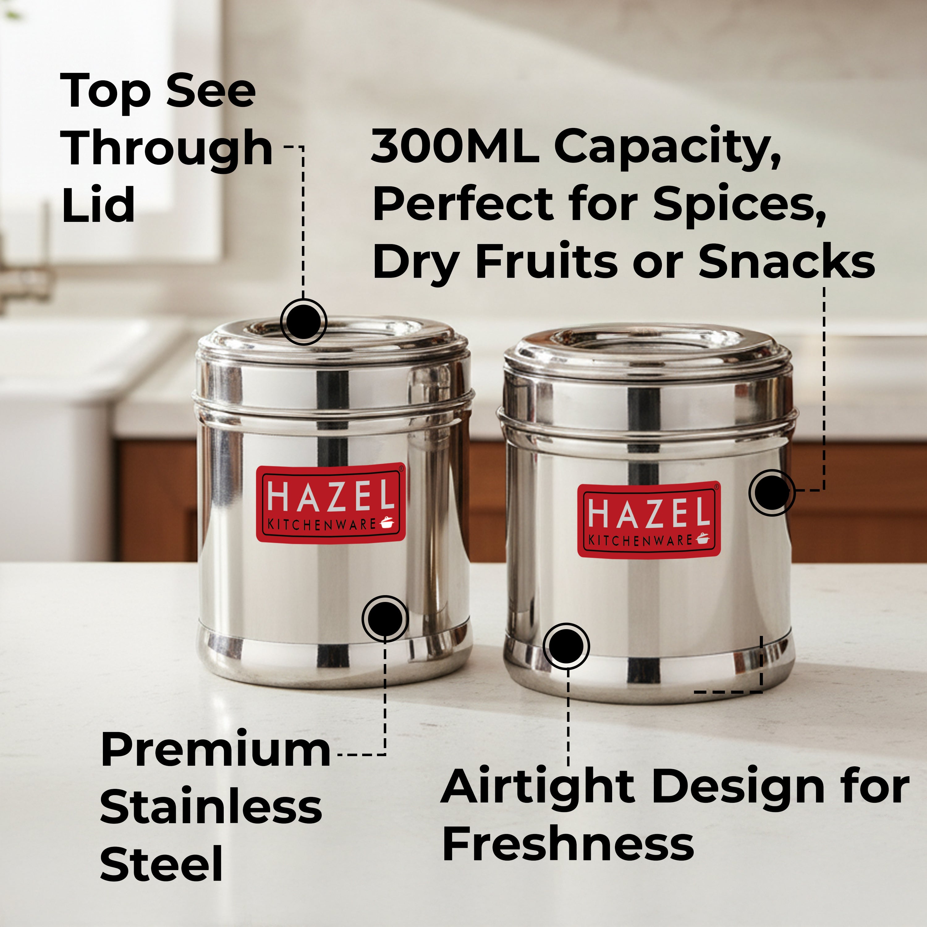 Stainless Steel Airtight Containers Set of 2, 300ml, See-Through Lid