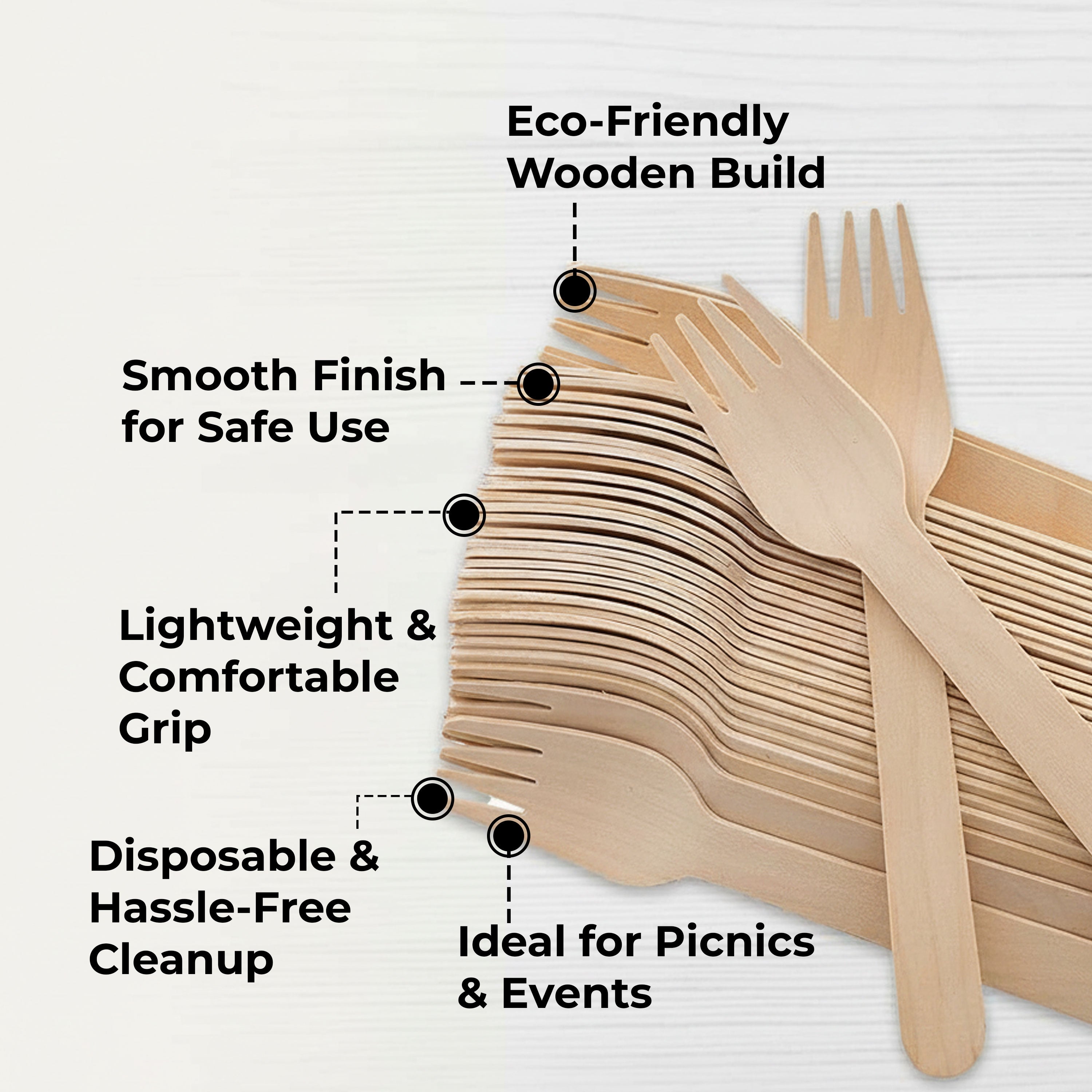 Disposable Wooden Forks 16 cm, Food-Grade Cutlery, Pack of 50