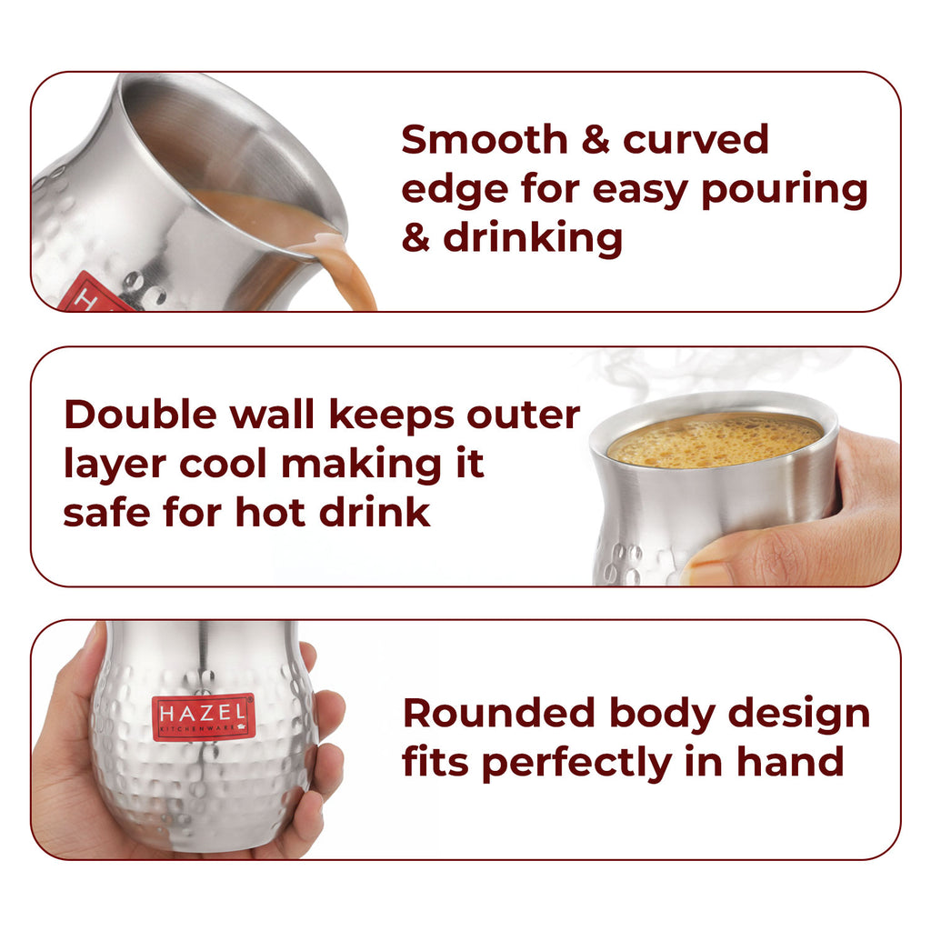 Double Wall Hammered Stainless Steel Kullad Glass, 150 ML