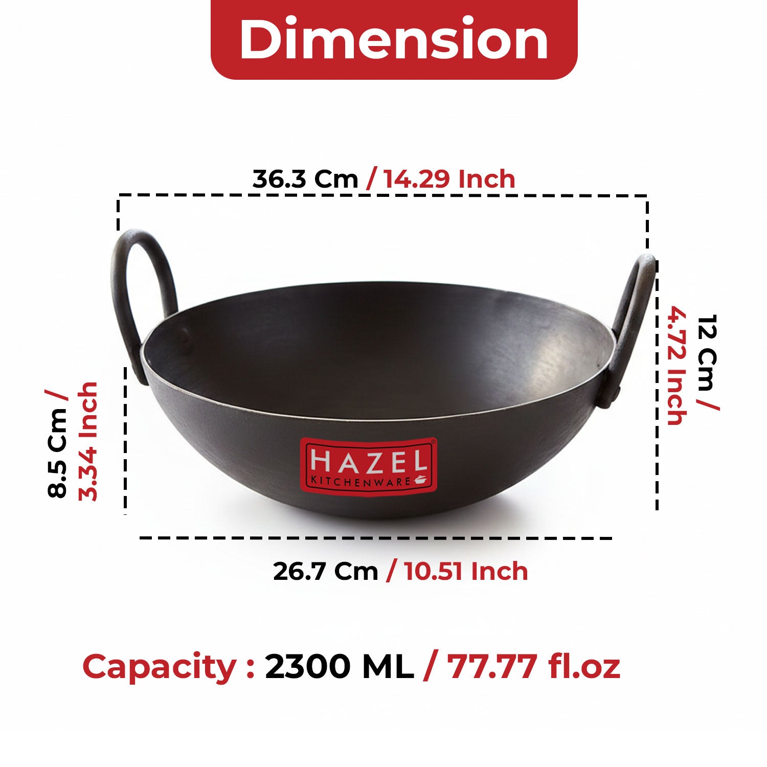 Iron Kadhai with Black Handle, 26cm, 2300 ml