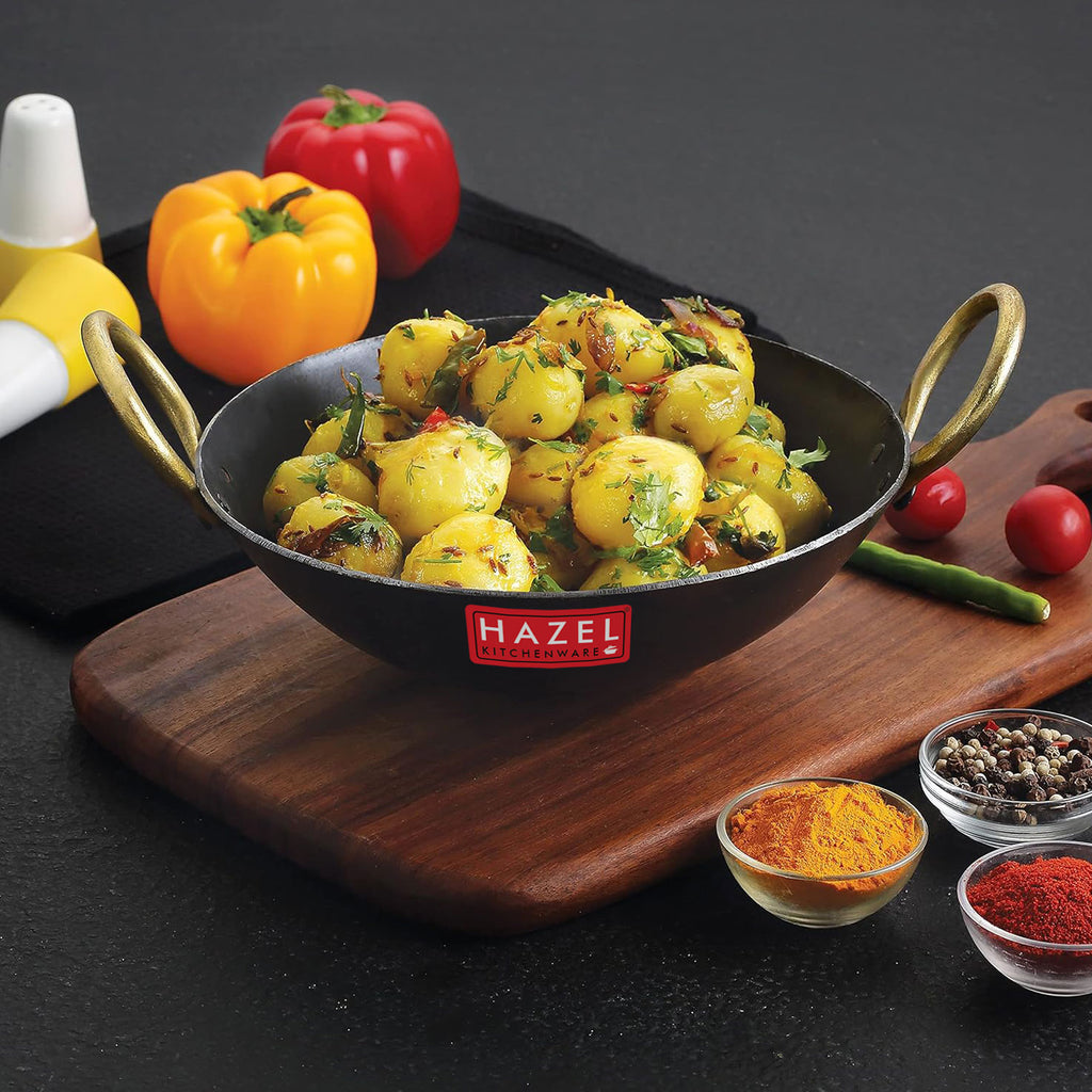 Iron Kadhai with Golden Handle, 27cm, 2450 ml