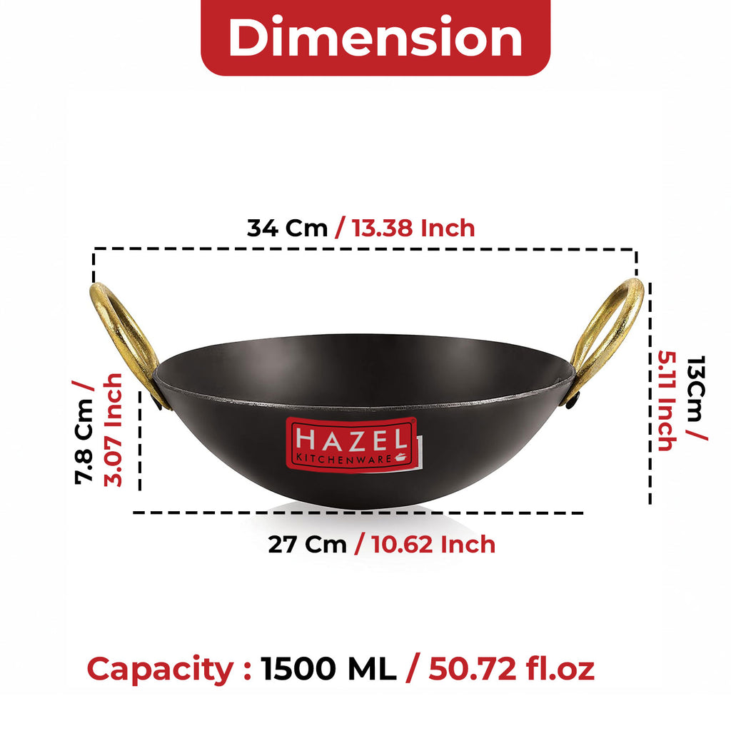 Iron Kadhai with Golden Handle, 27cm, 2450 ml