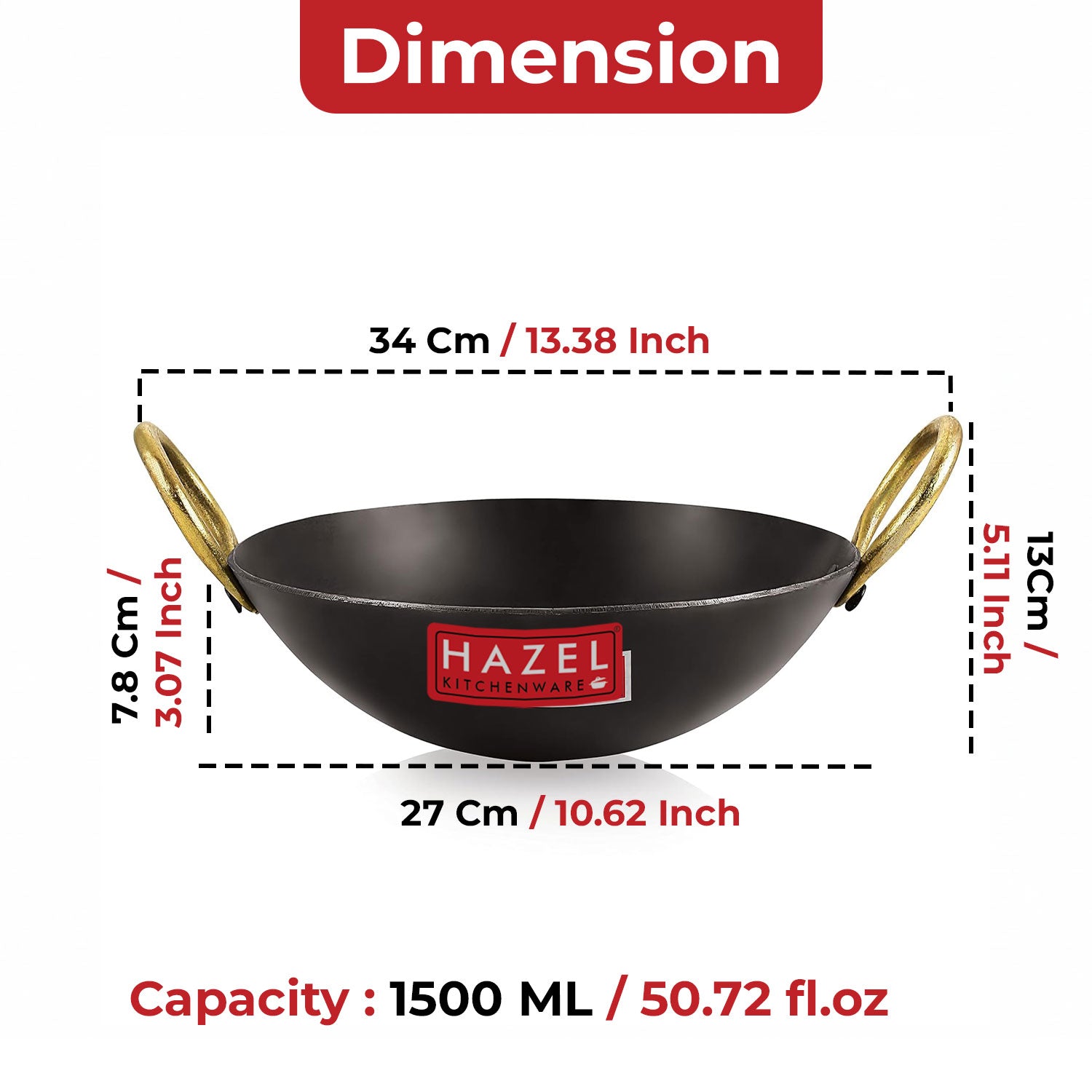 Iron Kadhai with Golden Handle, 27cm, 2450 ml