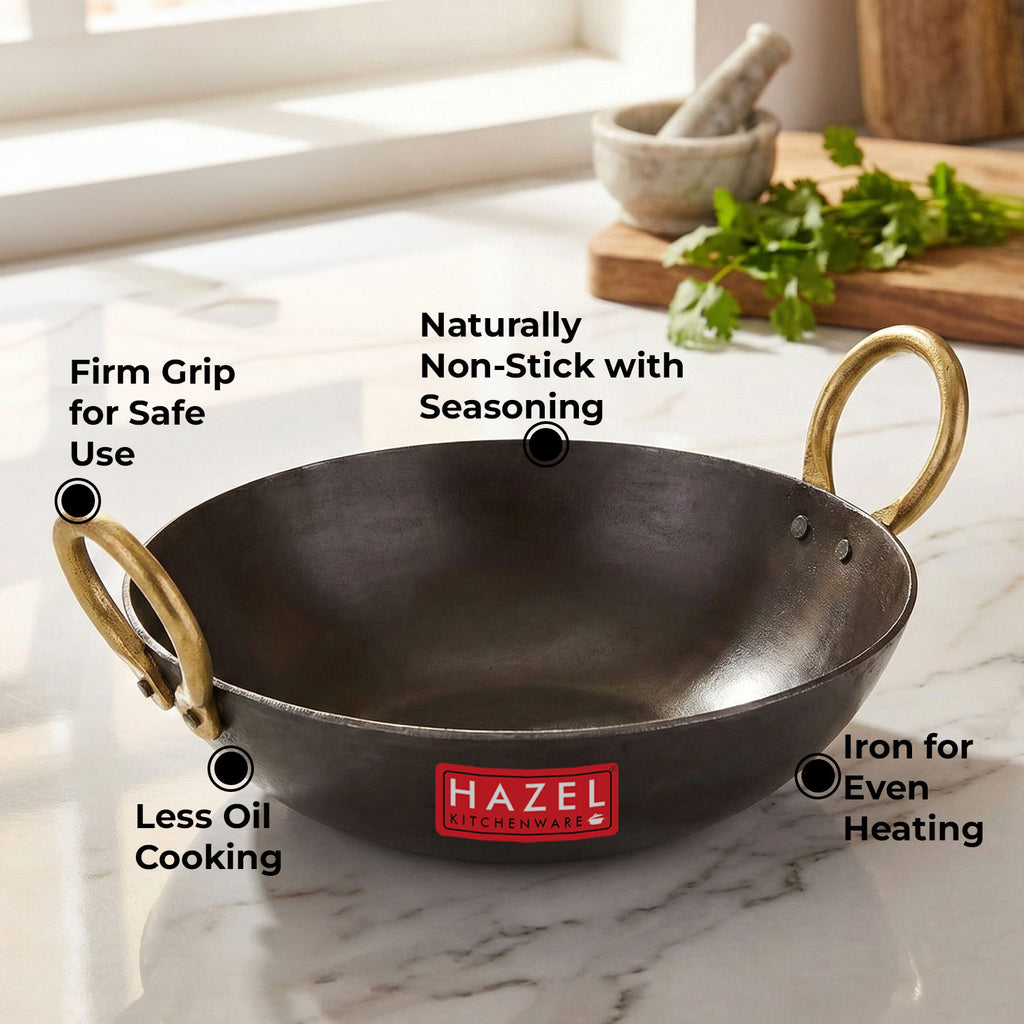 Iron Kadhai with Golden Handle, 27cm, 2450 ml