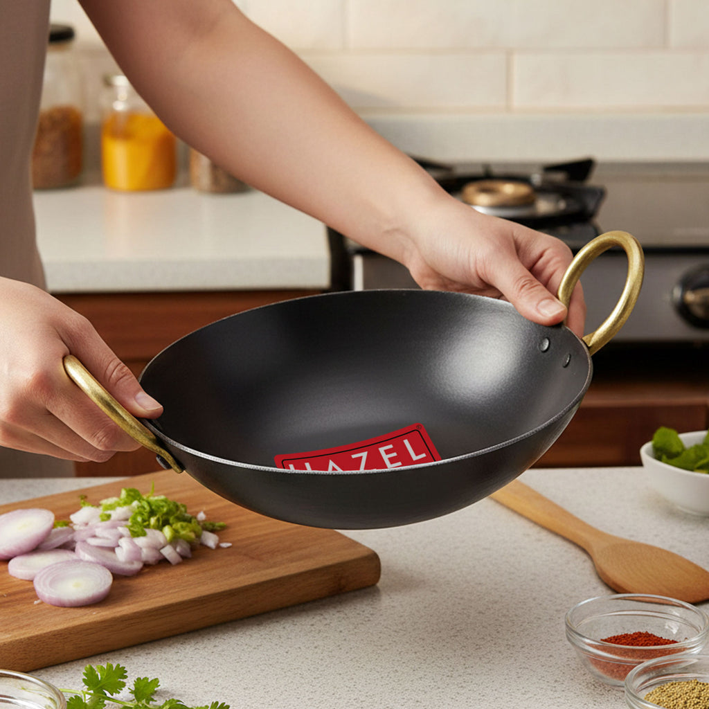 Iron Kadhai with Golden Handle, 27cm, 2450 ml