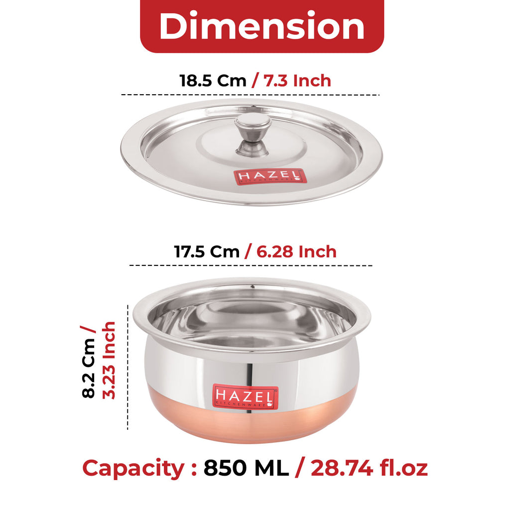 Stainless Steel Copper Bottom Handi  with Lid, Small, 850 ml