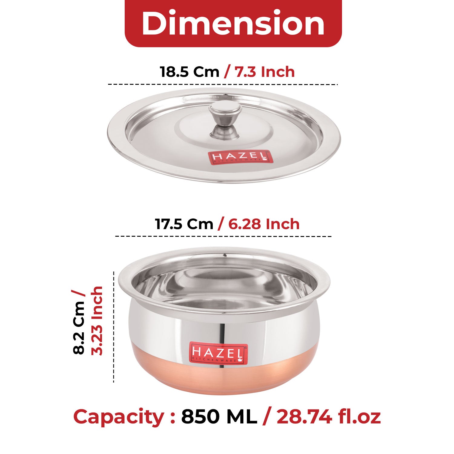 Stainless Steel Copper Bottom Handi  with Lid, Small, 850 ml