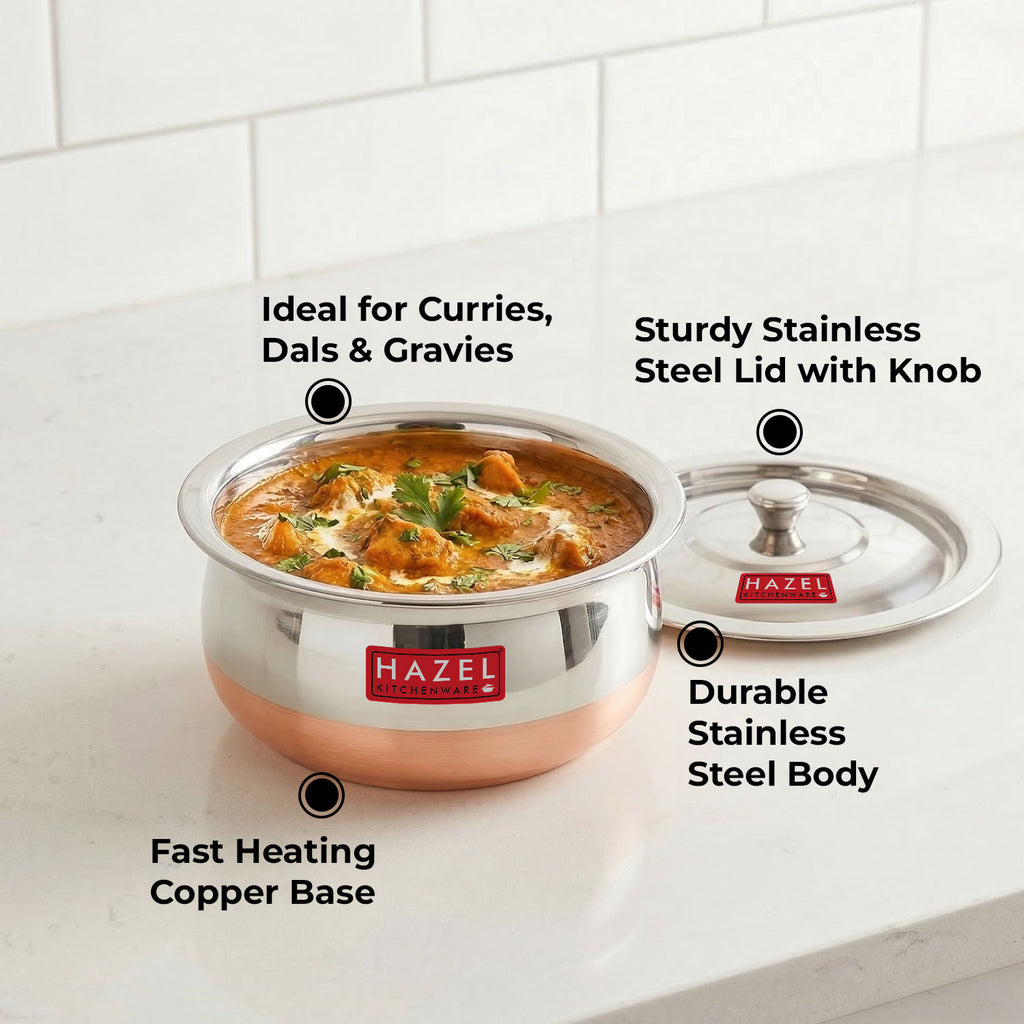 Stainless Steel Copper Bottom Handi  with Lid, Small, 850 ml