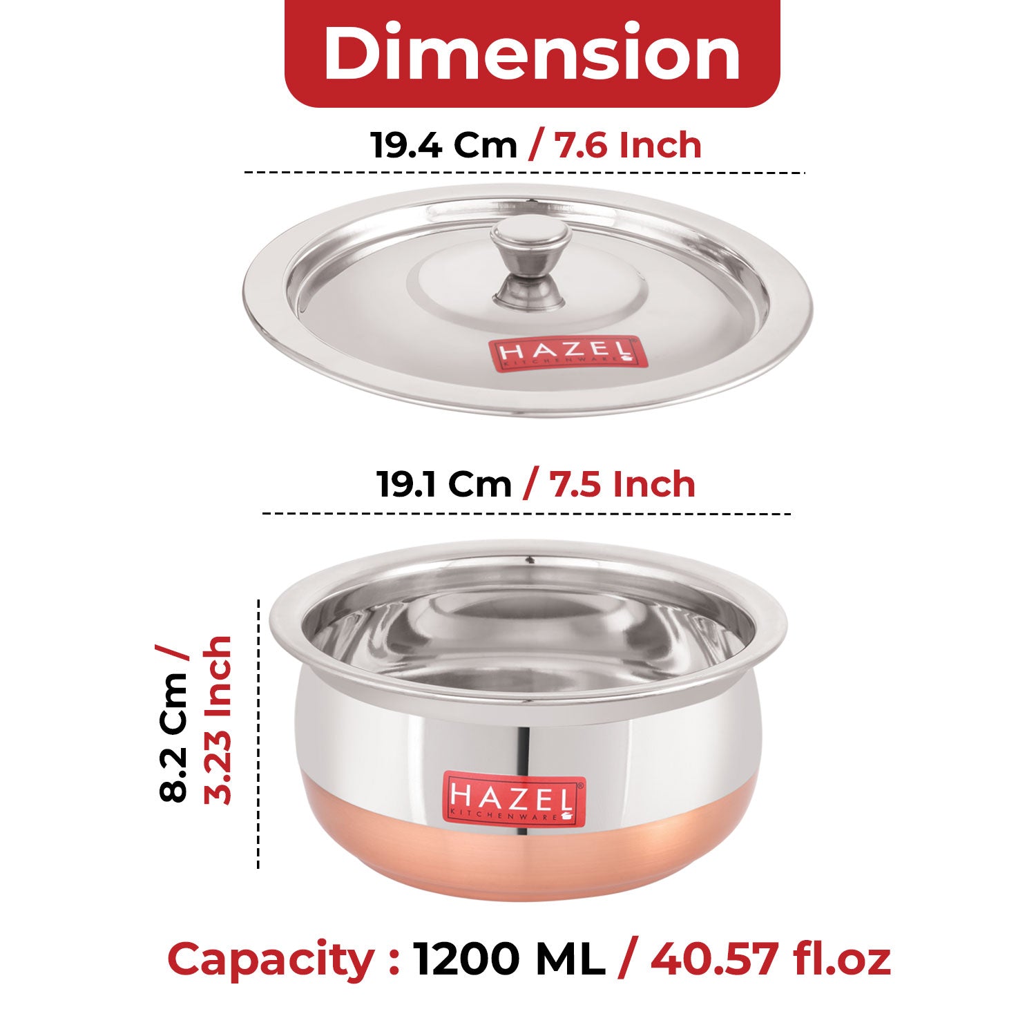 Stainless Steel Copper Bottom Handi with Lid, Medium, 1200 ml