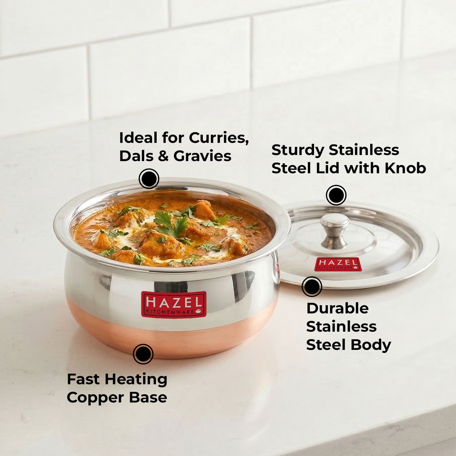 Stainless Steel Copper Bottom Handi with Lid, Medium, 1200 ml