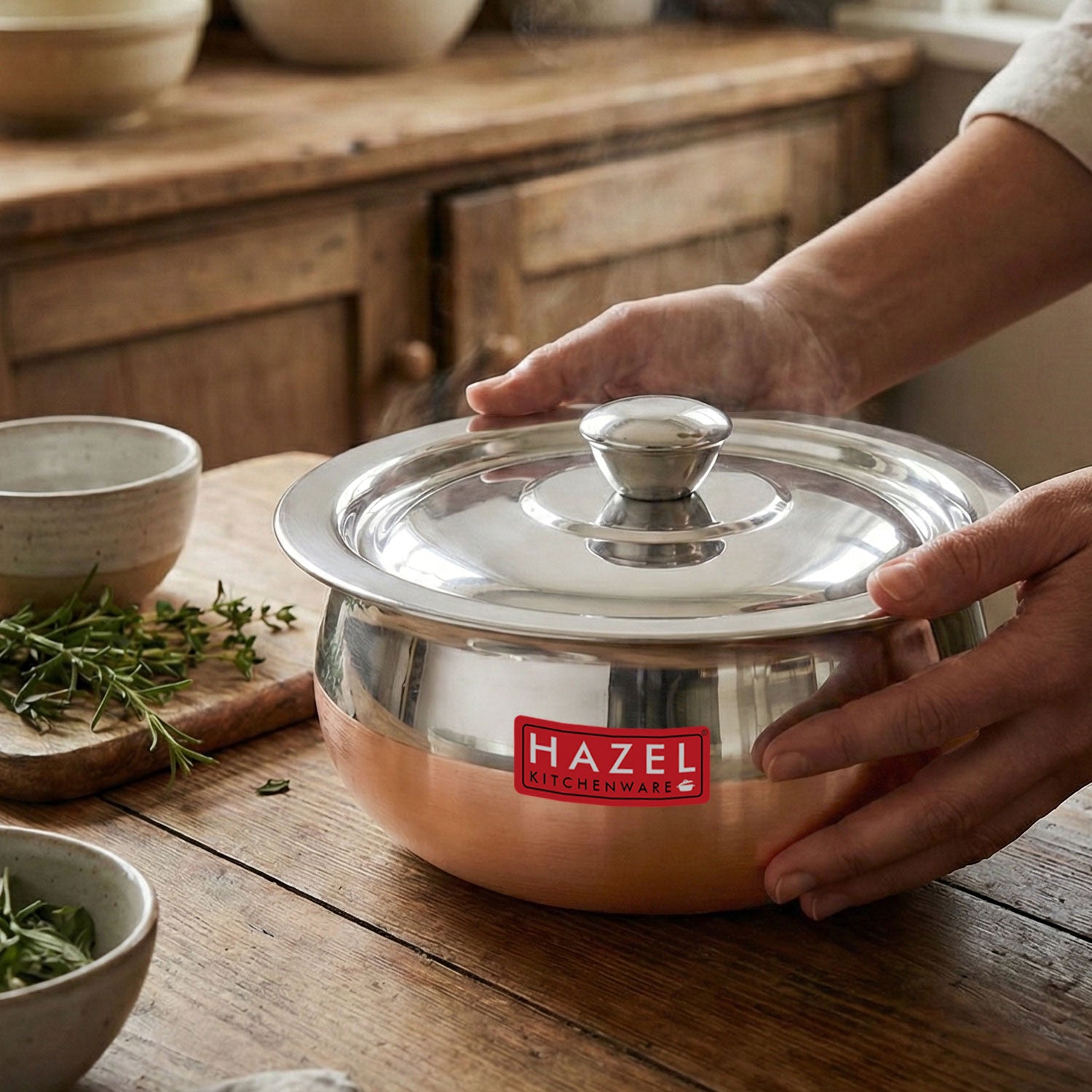 Stainless Steel Copper Bottom Handi with Lid, Medium, 1200 ml