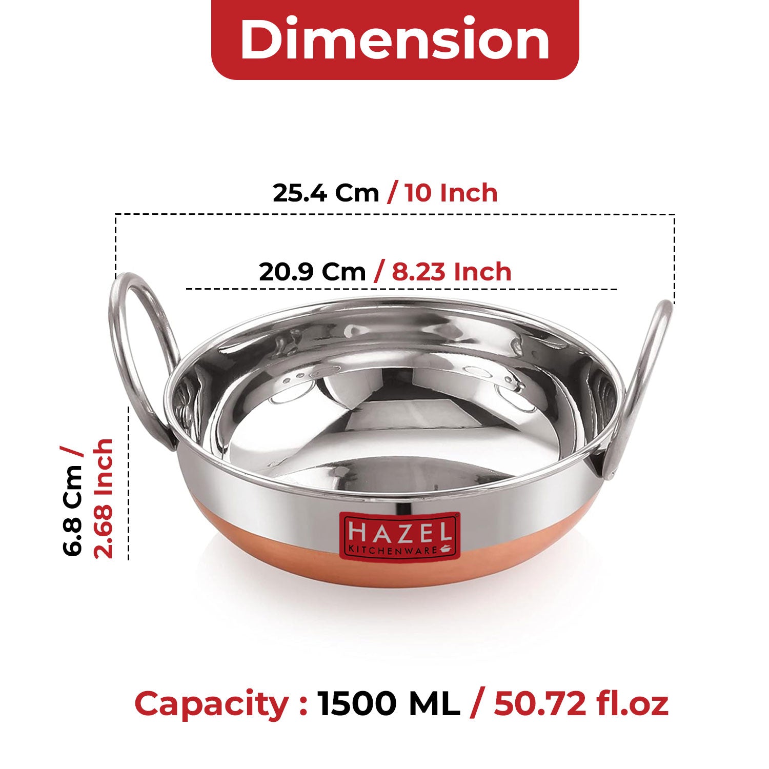 Stainless Steel Copper Bottom Kadhai, 1500 ml
