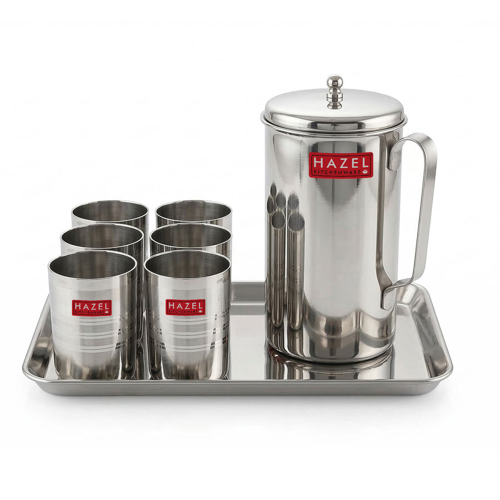 Stainless Steel Kitchen Combo, Serving Tray, 2000ml Water Jug, and 350ml Glass, Set of 8