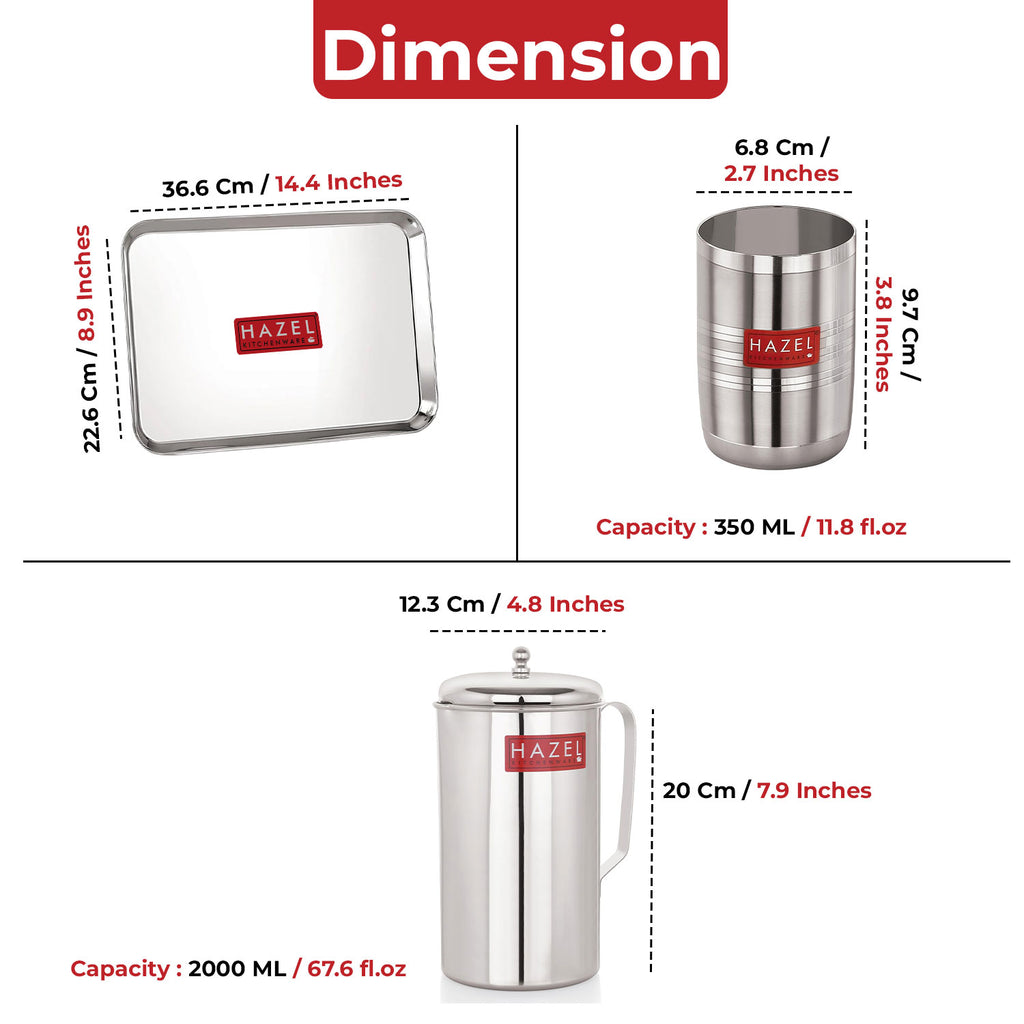 Stainless Steel Kitchen Combo, Serving Tray, 2000ml Water Jug, and 350ml Glass, Set of 8