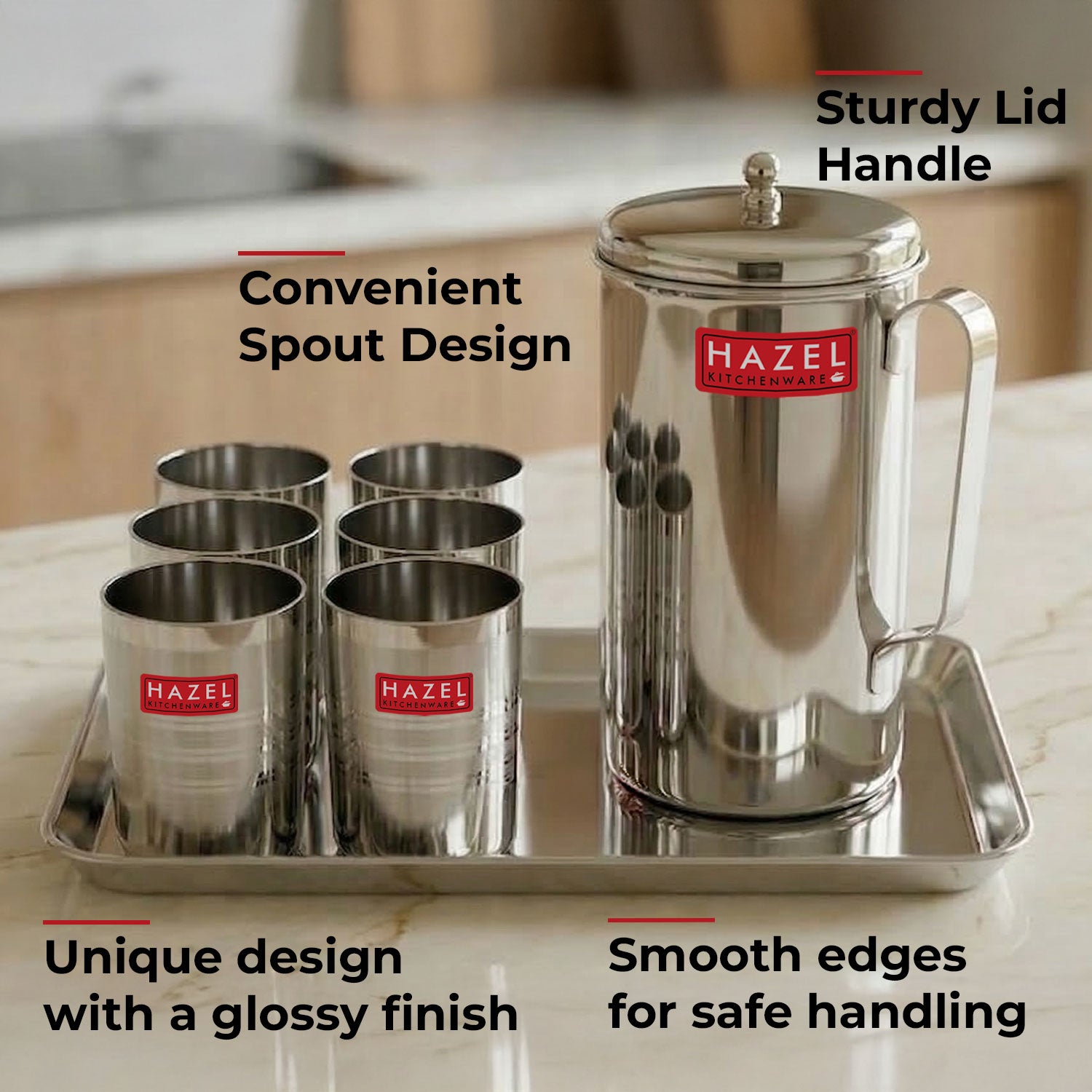 Stainless Steel Kitchen Combo, Serving Tray, 2000ml Water Jug, and 350ml Glass, Set of 8
