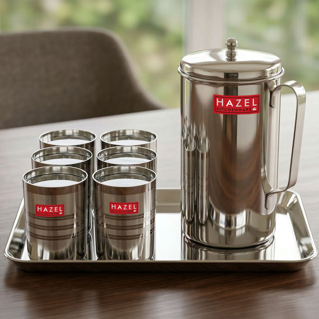 Stainless Steel Kitchen Combo, Serving Tray, 2000ml Water Jug, and 350ml Glass, Set of 8