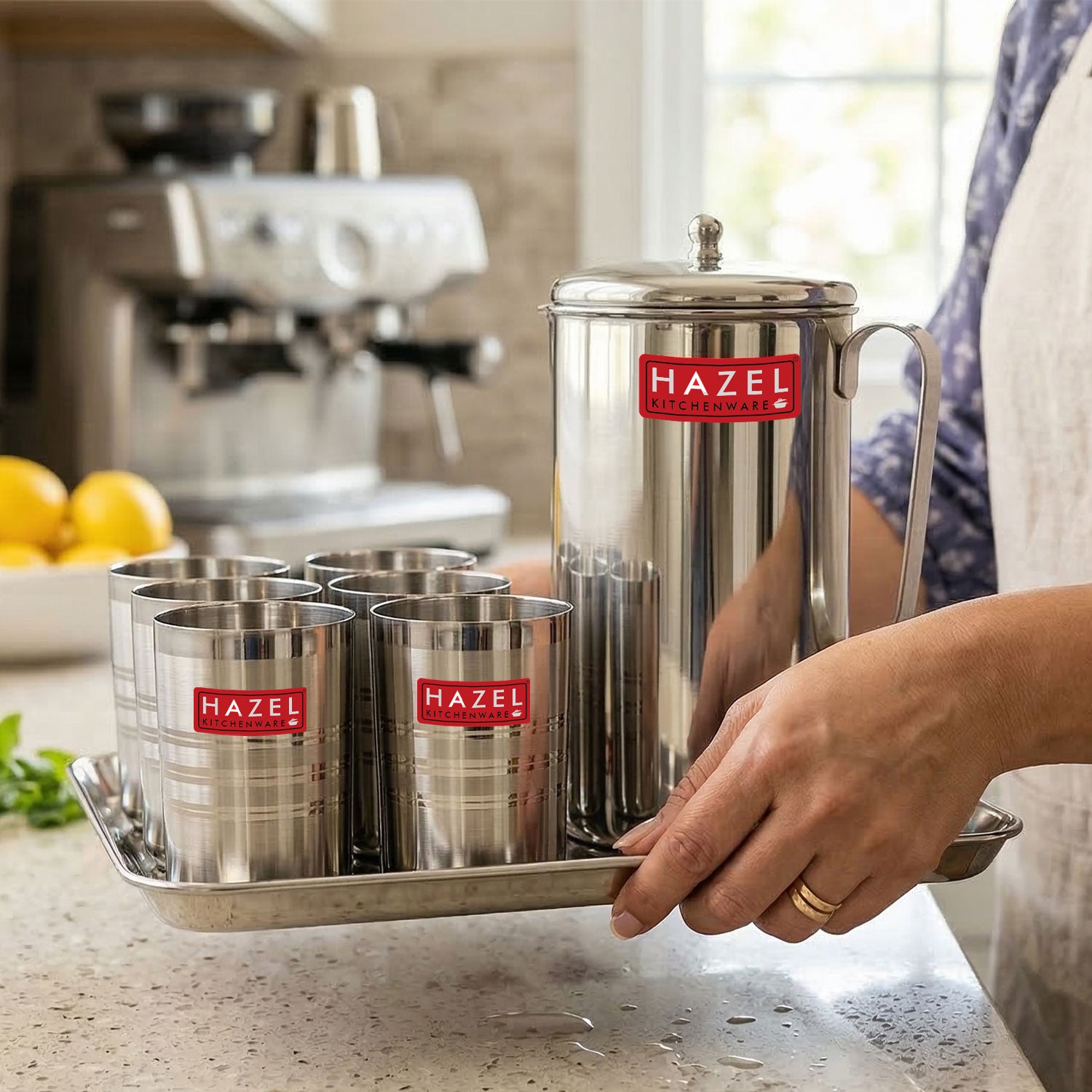 Stainless Steel Kitchen Combo, Serving Tray, 2000ml Water Jug, and 350ml Glass, Set of 8