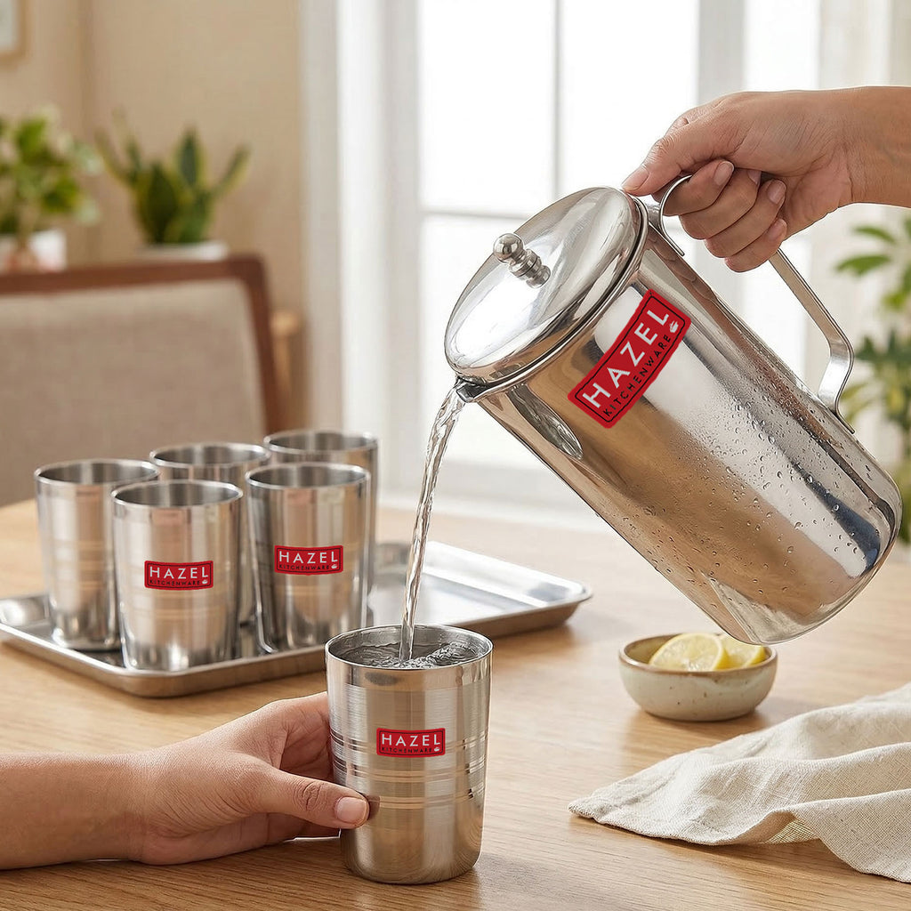 Stainless Steel Kitchen Combo, Serving Tray, 2000ml Water Jug, and 350ml Glass, Set of 8