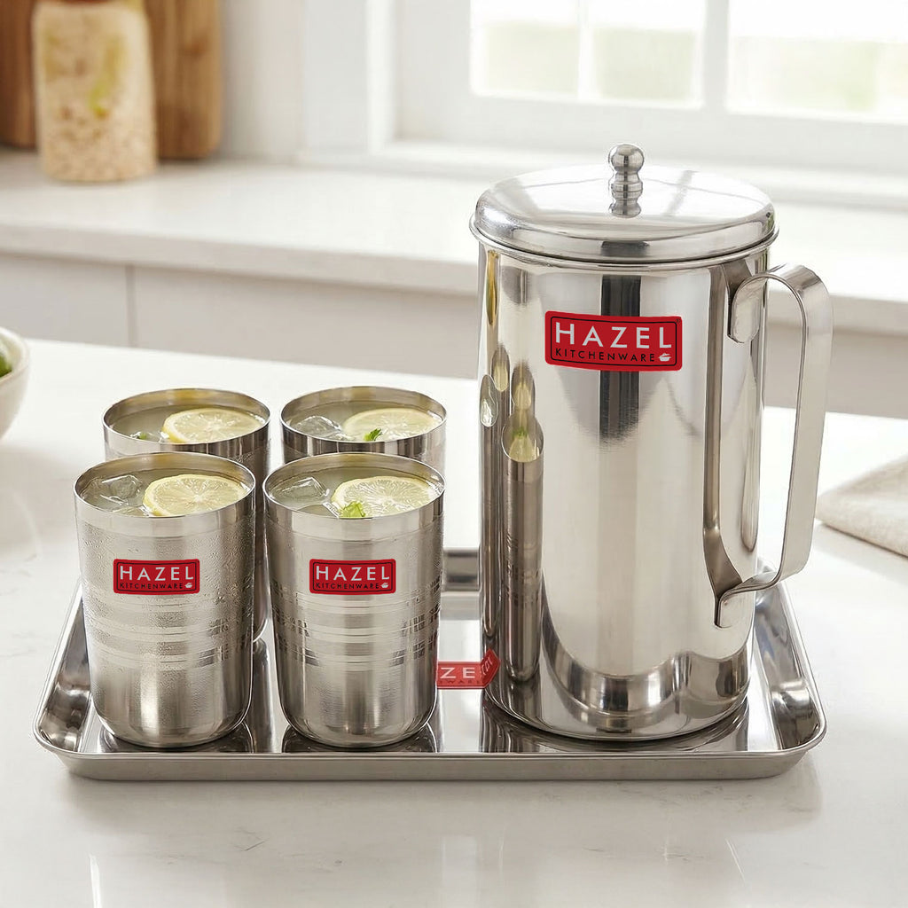 Stainless Steel Kitchen Combo, Serving Tray, 2000ml Water Jug, and 350ml Glass, Set of 6