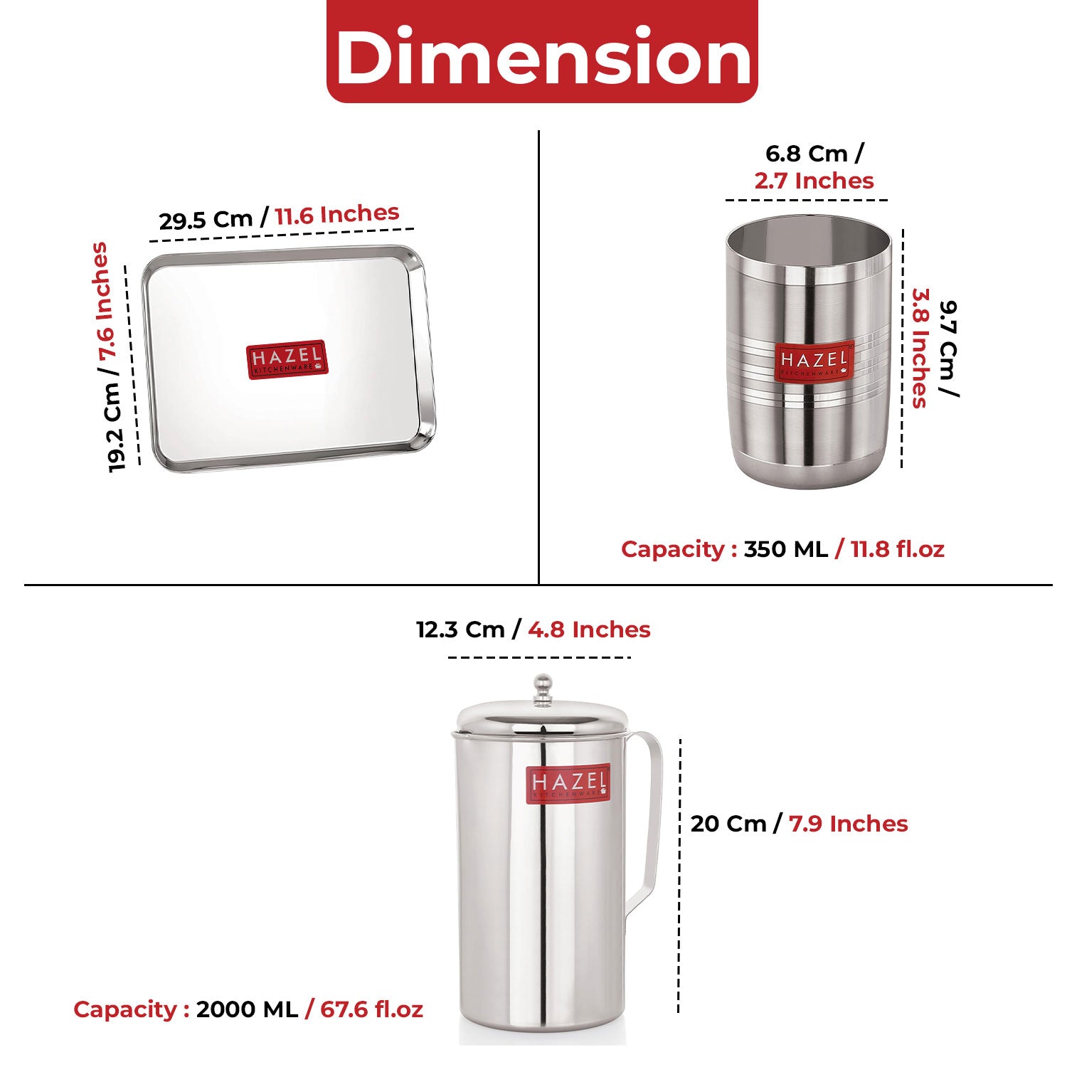Stainless Steel Kitchen Combo, Serving Tray, 2000ml Water Jug, and 350ml Glass, Set of 6