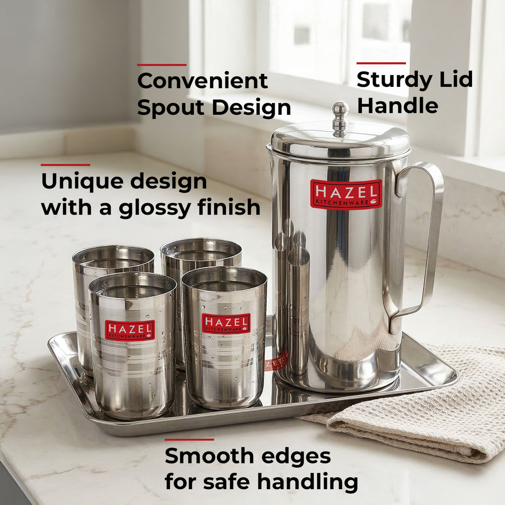 Stainless Steel Kitchen Combo, Serving Tray, 2000ml Water Jug, and 350ml Glass, Set of 6