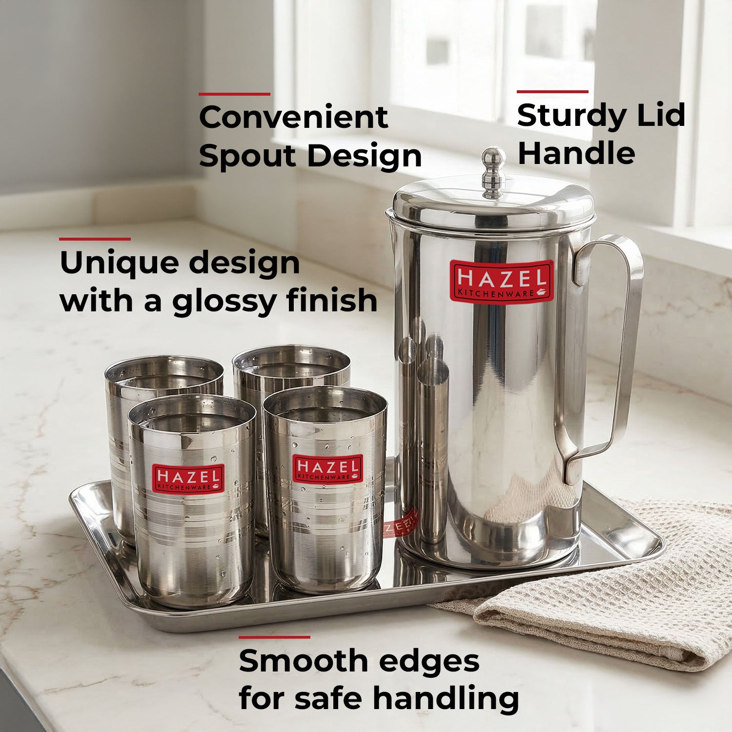 Stainless Steel Kitchen Combo, Serving Tray, 2000ml Water Jug, and 350ml Glass, Set of 6
