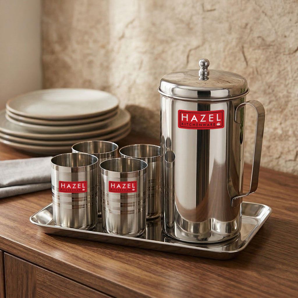 Stainless Steel Kitchen Combo, Serving Tray, 2000ml Water Jug, and 350ml Glass, Set of 6