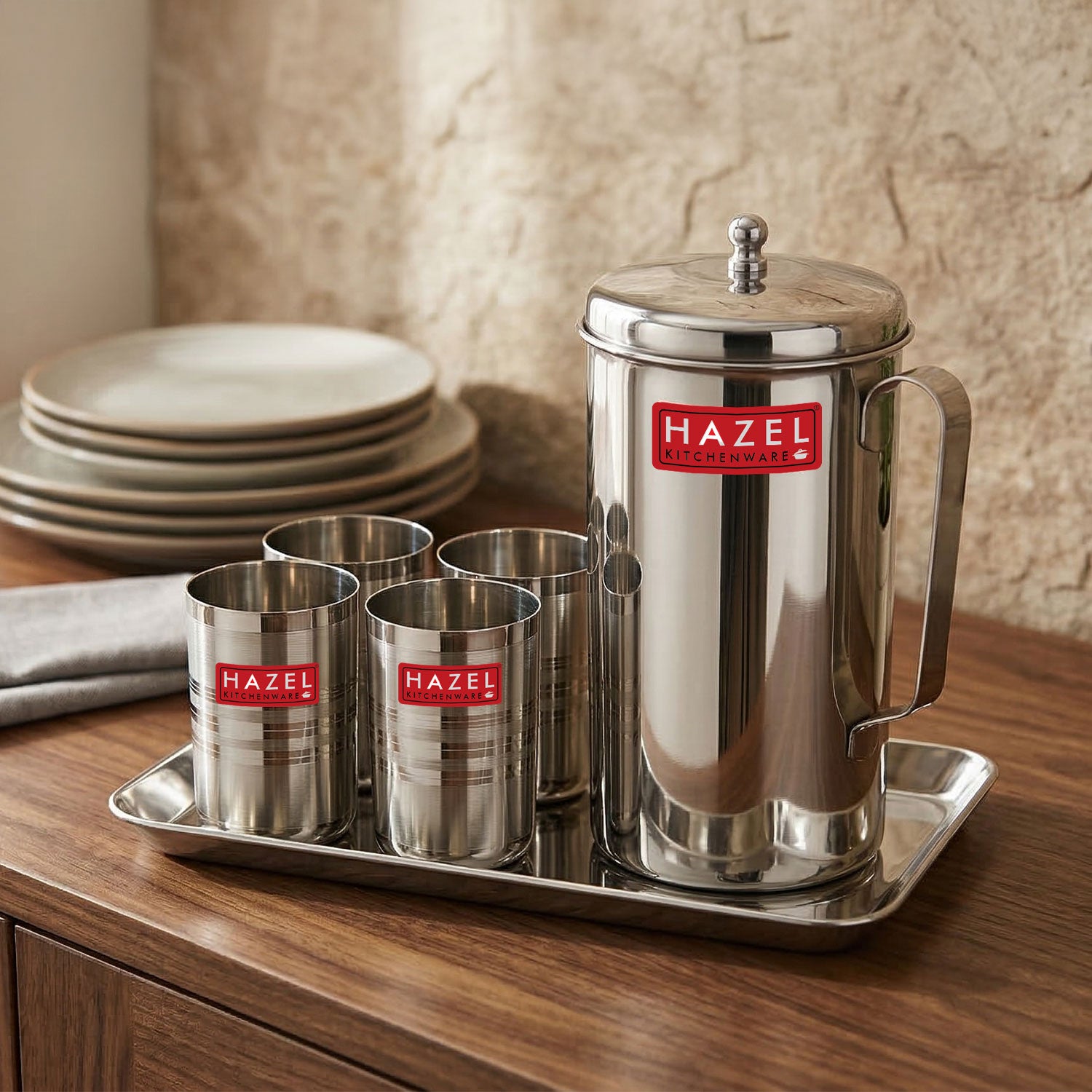 Stainless Steel Kitchen Combo, Serving Tray, 2000ml Water Jug, and 350ml Glass, Set of 6