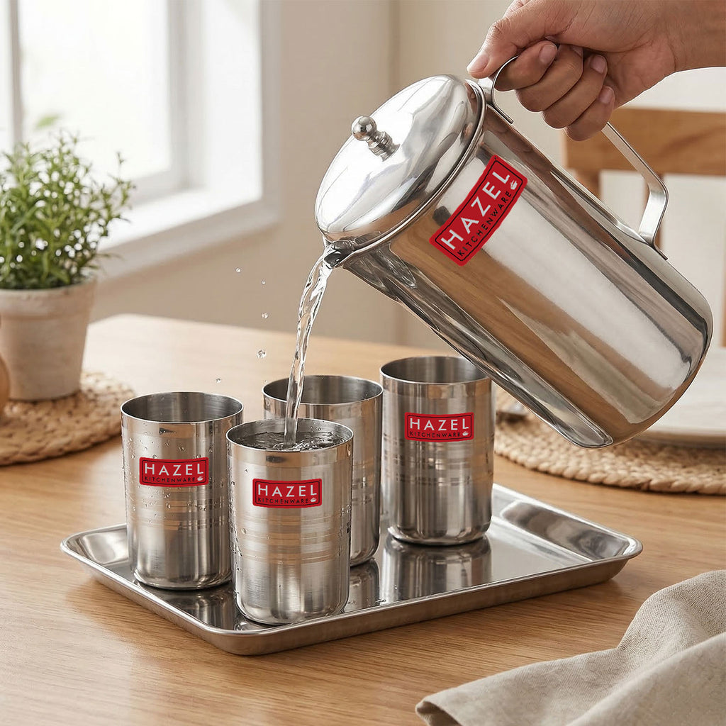 Stainless Steel Kitchen Combo, Serving Tray, 2000ml Water Jug, and 350ml Glass, Set of 6