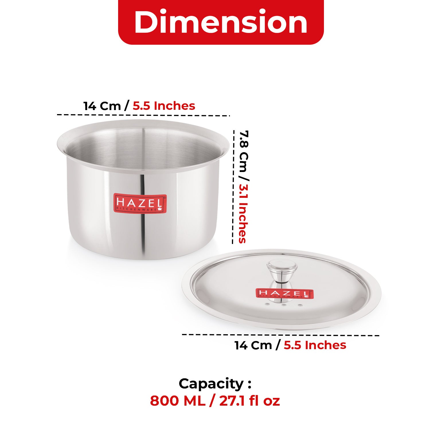 Stainless Steel Patila with Lid Cooking Vessel, 800ml, Durable Induction & Gas Compatible