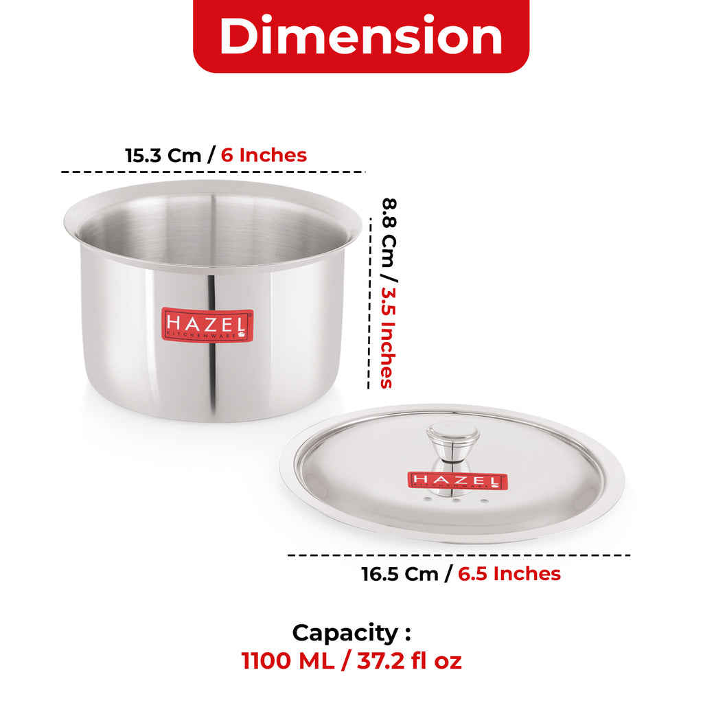 Stainless Steel Patila with Lid Cooking Vessel, 1100ml, Durable Induction & Gas Compatible