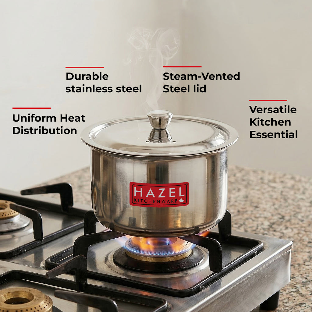 Stainless Steel Patila with Lid Cooking Vessel, 1100ml, Durable Induction & Gas Compatible