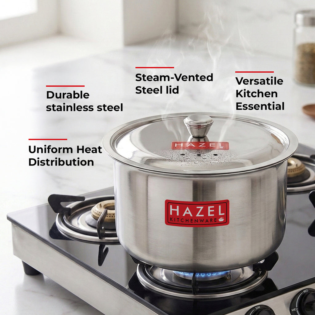 Stainless Steel Patila with Lid Cooking Vessel, 1500ml, Durable Induction & Gas Compatible