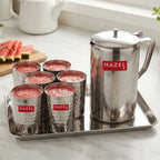 Stainless Steel Drinkware Combo of 8, Water Jug with Lid 1800ml, 6pc Hammered Glasses 350ml & Serving Tray