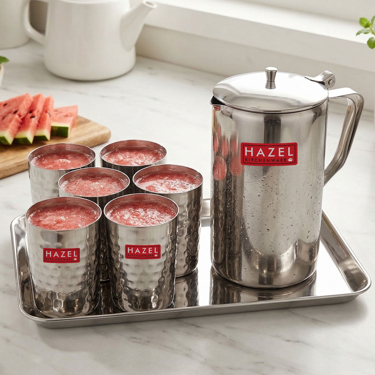 Stainless Steel Drinkware Combo of 8, Water Jug with Lid 1800ml, 6pc Hammered Glasses 350ml & Serving Tray