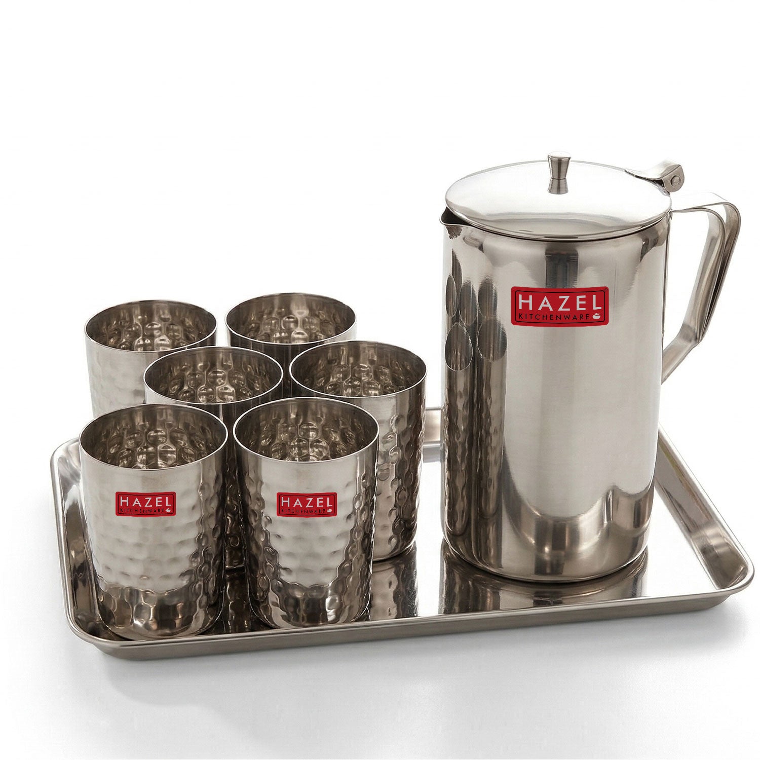 Stainless Steel Drinkware Combo of 8, Water Jug with Lid 1800ml, 6pc Hammered Glasses 350ml & Serving Tray