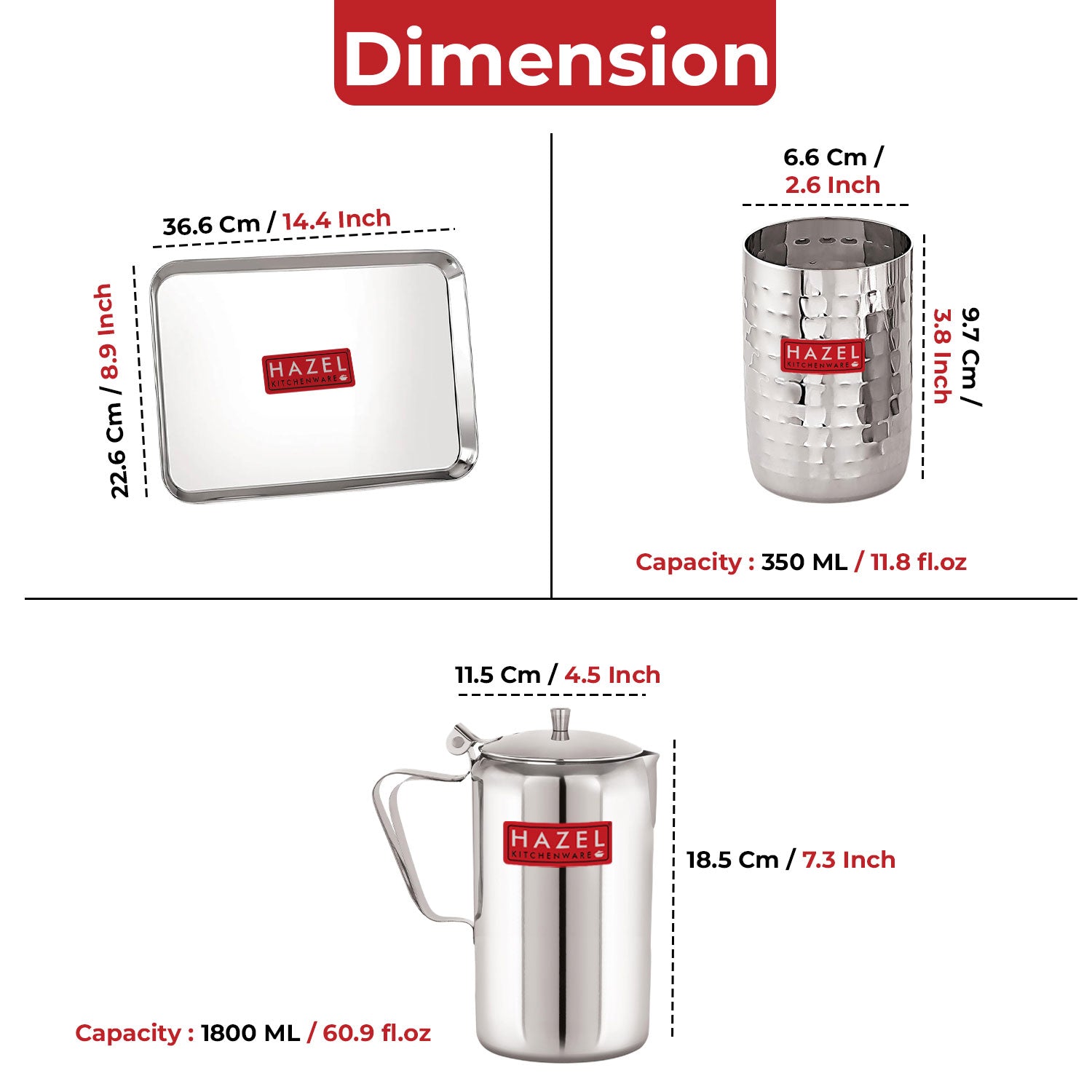 Stainless Steel Drinkware Combo of 8, Water Jug with Lid 1800ml, 6pc Hammered Glasses 350ml & Serving Tray