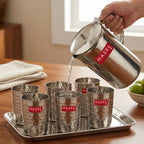 Stainless Steel Drinkware Combo of 8, Water Jug with Lid 1800ml, 6pc Hammered Glasses 350ml & Serving Tray