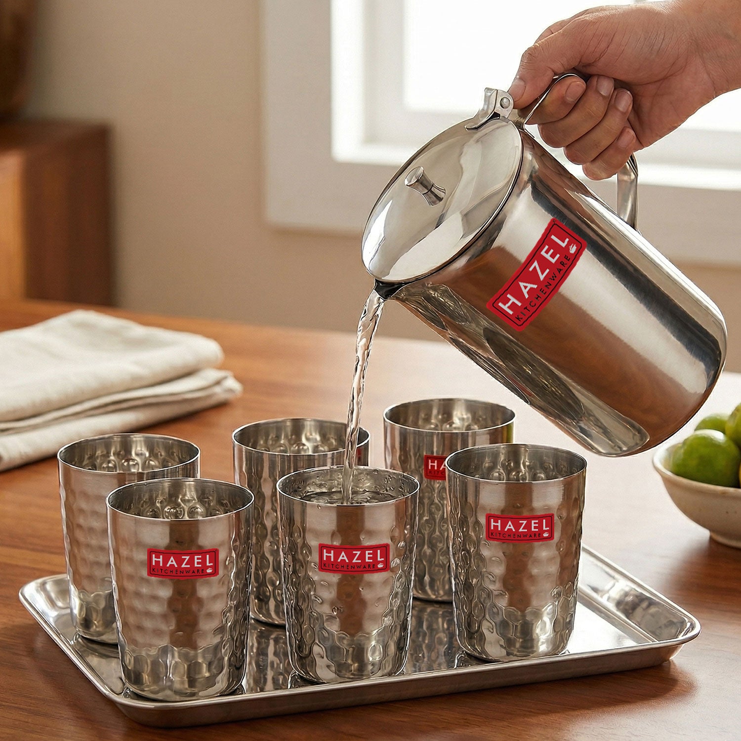 Stainless Steel Drinkware Combo of 8, Water Jug with Lid 1800ml, 6pc Hammered Glasses 350ml & Serving Tray
