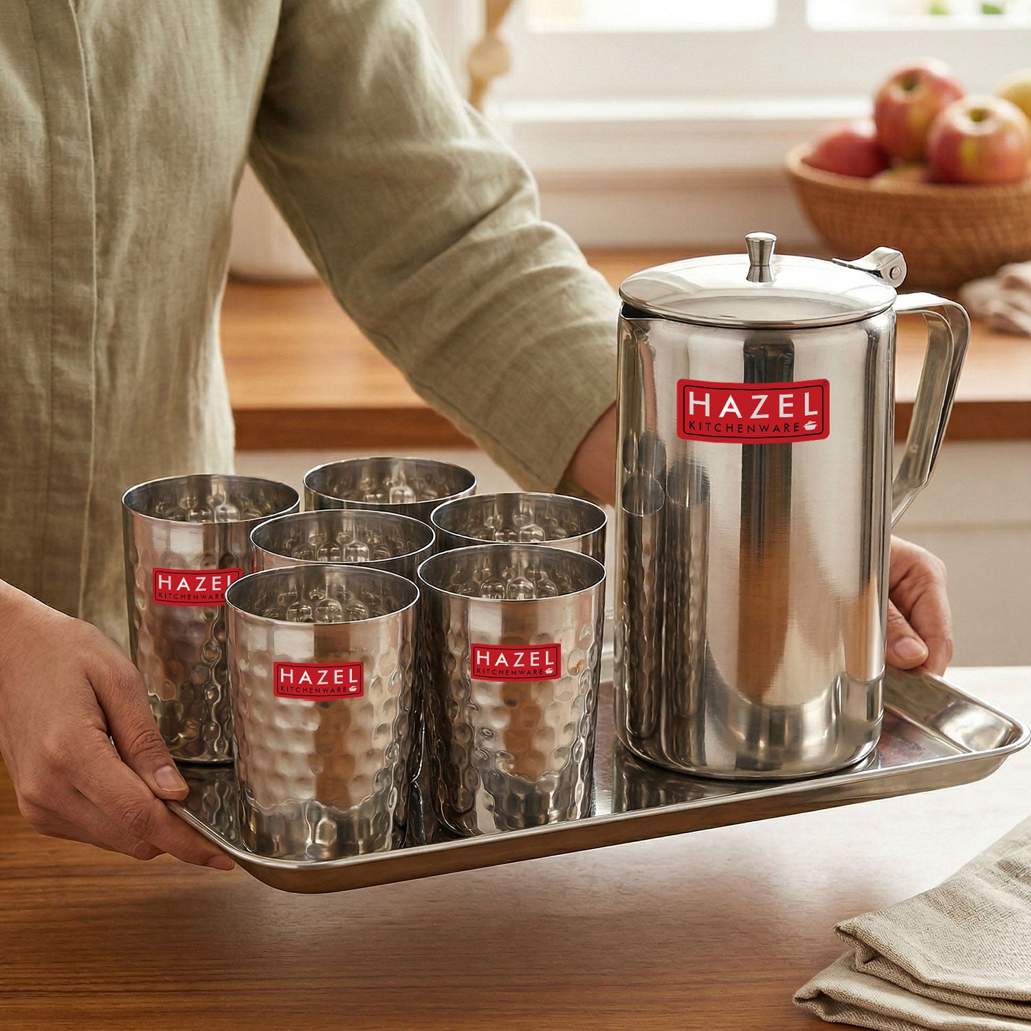 Stainless Steel Drinkware Combo of 8, Water Jug with Lid 1800ml, 6pc Hammered Glasses 350ml & Serving Tray