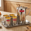 Stainless Steel Drinkware Set of 6, Water Jug with Lid 1800ml, 4pc Hammered-Style Glasses 350ml & Serving Tray
