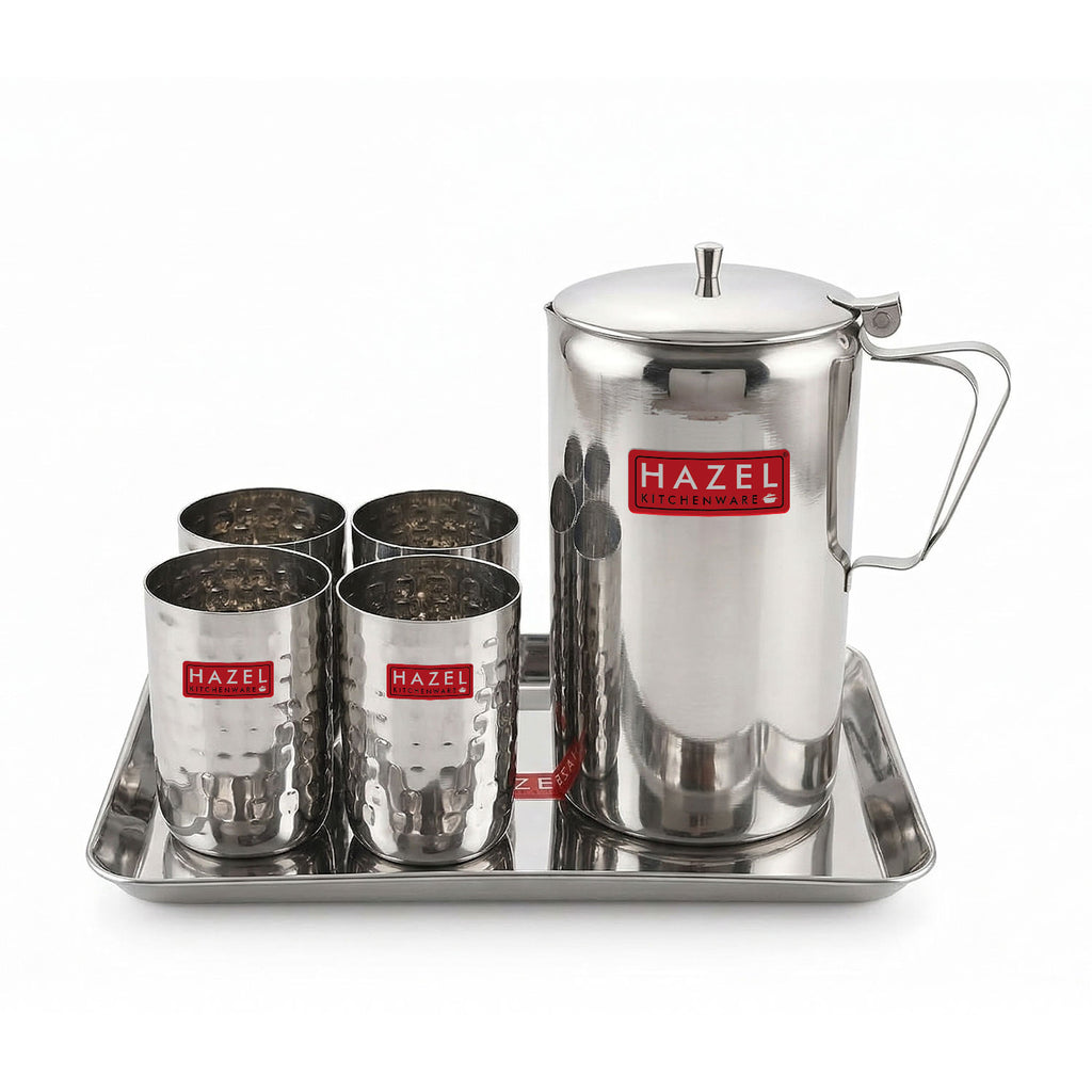 Stainless Steel Drinkware Set of 6, Water Jug with Lid 1800ml, 4pc Hammered-Style Glasses 350ml & Serving Tray