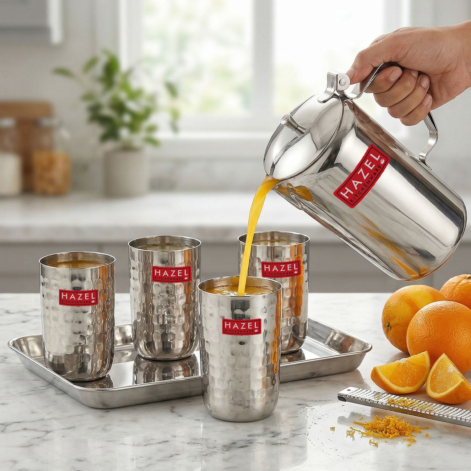 Stainless Steel Drinkware Set of 6, Water Jug with Lid 1800ml, 4pc Hammered-Style Glasses 350ml & Serving Tray