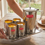 Stainless Steel Drinkware Set of 6, Water Jug with Lid 1800ml, 4pc Hammered-Style Glasses 350ml & Serving Tray