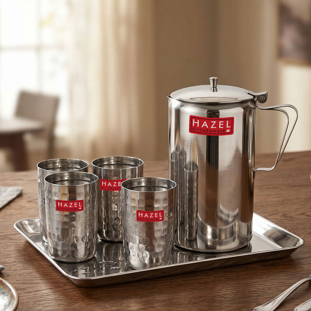 Stainless Steel Drinkware Set of 6, Water Jug with Lid 1800ml, 4pc Hammered-Style Glasses 350ml & Serving Tray