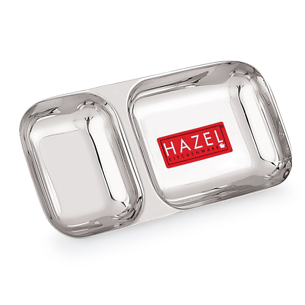 Stainless Steel 2 Compartment Plate, Rectangle Divided Thali Tray for Snacks, Meals