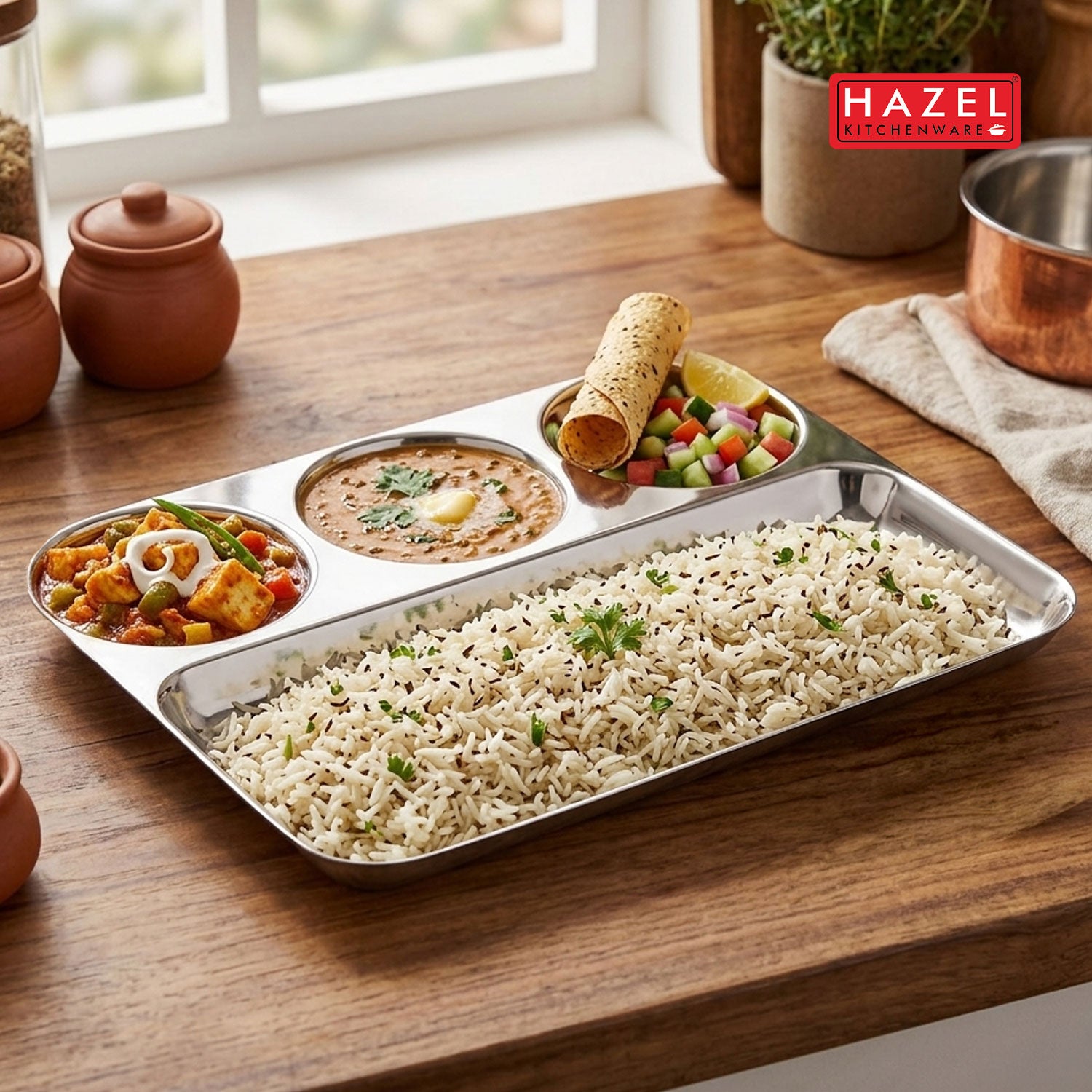 Stainless Steel 4 Compartment Section Plate, Divided Lunch Tray for Meals