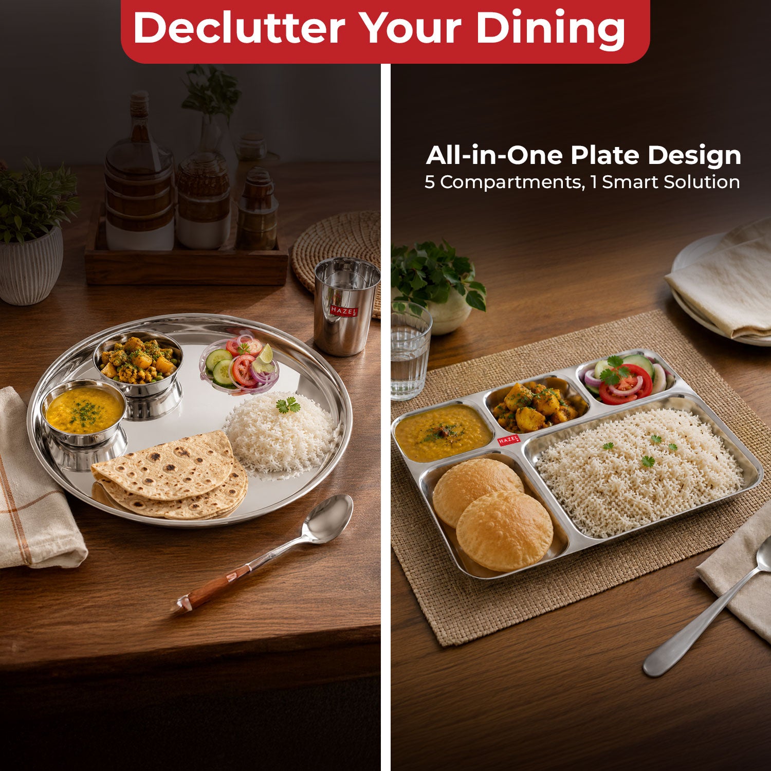 Stainless Steel 5 Compartment Plate, All-in-One Thali for Lunch, Dinner & Serving